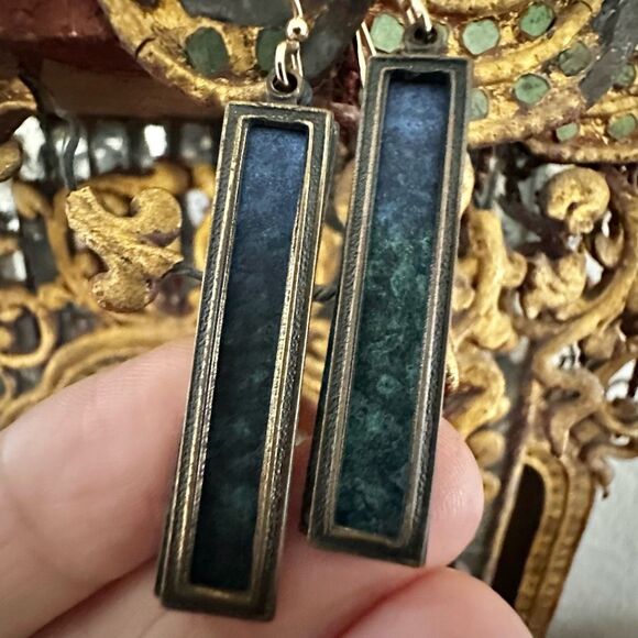 Modernist Patina Rectangle Drop Earrings with Gold-Tone Hooks - Picture 4 of 7